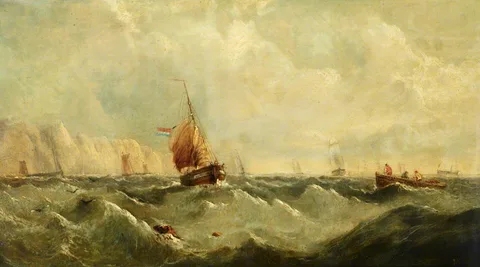 John James Wilson, A Dutch smack with a view of distant cliffs