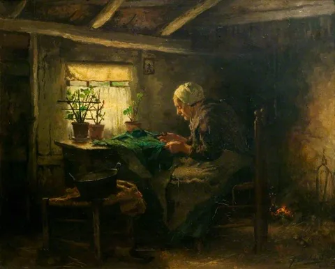 Johannes Weiland, Interior with an Old Lady Seated and Cutting Cloth