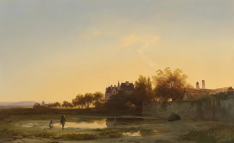 Ignaz Raffalt, Angler in the evening light by the castle pond
