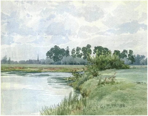 William Fraser Garden, The distant church spire of All Saints Church, St. Ives, from the River Ouse