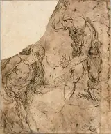 called Palma il Giovane Jacopo Negretti, Two Sketches of Male Nudes, One Kneeling, One Standing (recto); Three Sketches: Seated Male Nude, Reclining Male Nude, Male Head in Profile (v erso)