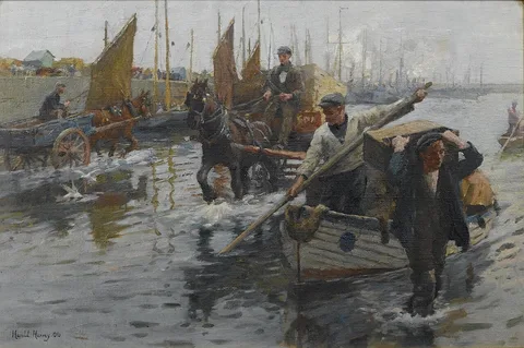Harold Harvey, Unloading the boats, Newlyn Harbour