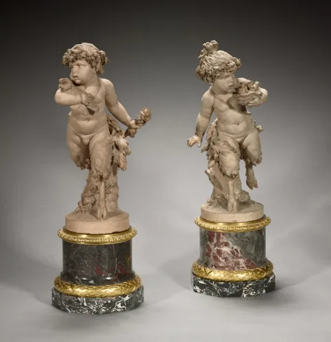 Michel Claude Clodion, Young Satyress Running with an Owl's Nest and Young Satyr Running with an Owl (pair of statuettes)