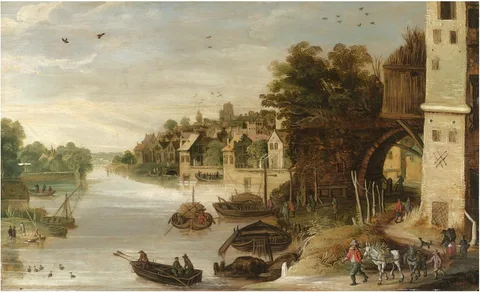 Philippe de Momper, A Village Scene by a River, said to be a View of Treviso