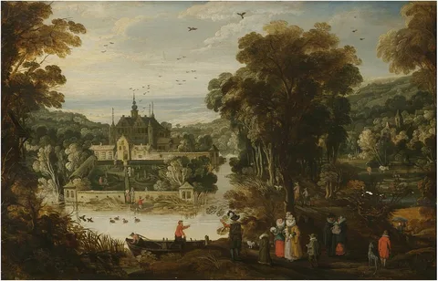 Philippe de Momper, A landscape with a moated palace, and figures awaiting the ferry on the near side