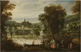 Philippe de Momper, A landscape with a moated palace, and figures awaiting the ferry on the near side