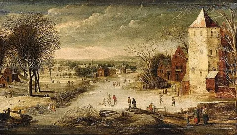 Philippe de Momper, A Village Scene in Winter with Skaters