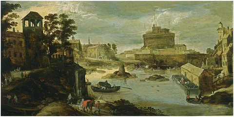 Philippe de Momper, Rome: A view of the Castel Sant'Angelo, the Ponte d'Angelo and the Tiber in the foreground