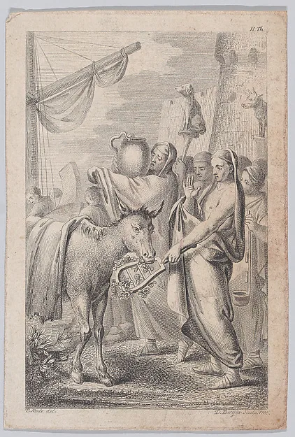 Daniel Berger, Figures at right near a ship, some holding up animals over their heads, a horse at left