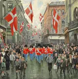 Paul Fischer, The King's birthday. The Royal Guard in red gala in Østergade