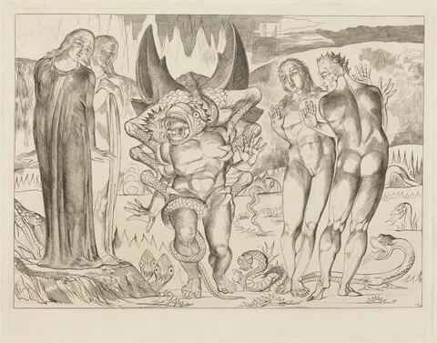 William Blake, The Circle of the Thieves; Agnolo Brunelleschi Attacked by a Six-Footed Serpent