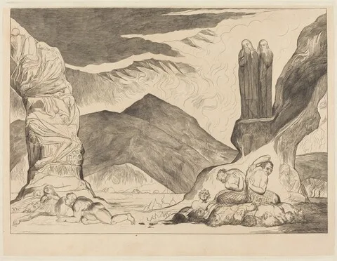 William Blake, The Circle of the Falsifiers: Dante and Virgil Covering their Noses because of the st
