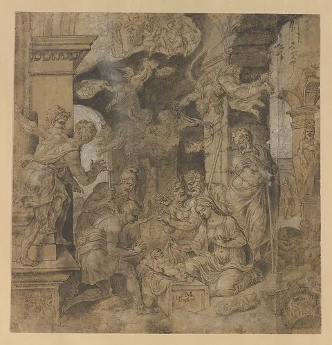 Maarten van Heemskerck, The Adoration of the Shepherds (recto); Sketches (verso)