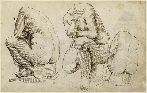 Maarten van Heemskerck, Three Views of a Crouching Venus (Roman Sketchbook)