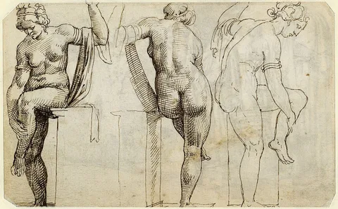 Maarten van Heemskerck, Three views of a Venus statuette (Roman Sketchbook)