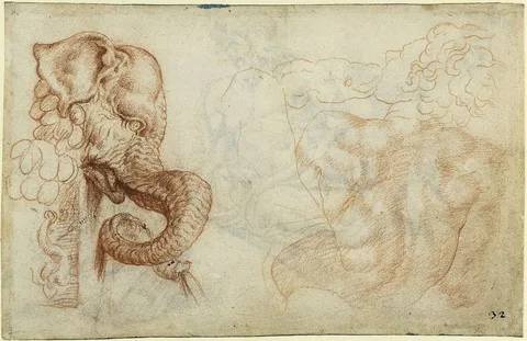 Maarten van Heemskerck, Elephant fountain in Villa Madama, figure from the ceiling of the Sistina (Roman Sketchbook)