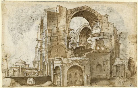 Maarten van Heemskerck, Crossing pillar of St. Peter's Basilica and northern transept of the old basilica (Roman Sketchbook)