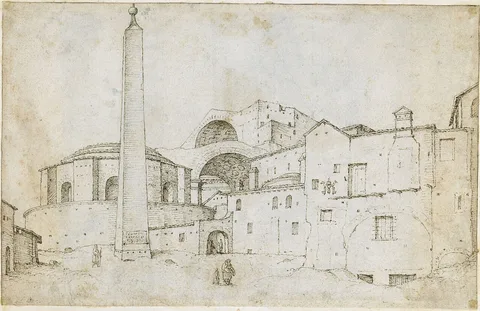 Maarten van Heemskerck, Vatican obelisk in front of Santa Maria della Febbre (Roman Sketchbook)