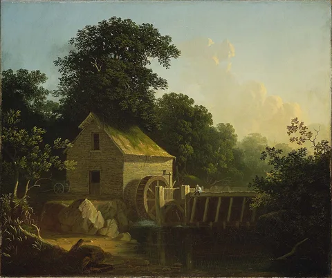 George Caleb Bingham, Landscape with Waterwheel and Boy Fishing