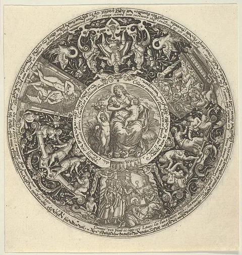 Theodor de Bry, Charitas and the Acts of Charity, from a Series of Tazza Designs
