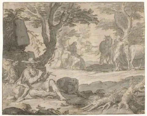 Joachim Wtewael, Apollo speelt de fluit terwijl hij de kudde van Admetus hoedt