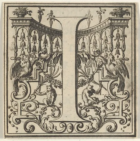 Bernard Picart, Roman Alphabet letter I with Louis XIV decoration
