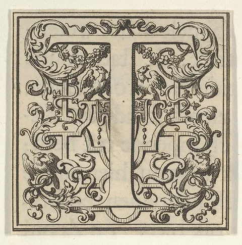 Bernard Picart, Roman Alphabet letter T with Louis XIV decoration