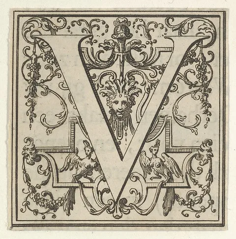 Bernard Picart, Roman Alphabet letter V with Louis XIV decoration