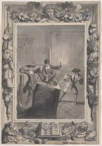 Bernard Picart, Le Lutrin: A  Night Scene with Boirude, Brontin, and L'Amour Surprised by an Owl Flying Out of a Lectern