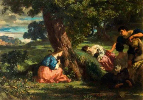Barthélemy Menn, Cherries: A Group of Young Women in a Landscape, One of Them Holding a Basket of Cherries