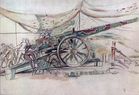 William Rothenstein, A 6-inch Naval Gun in Action at Montigny Farm