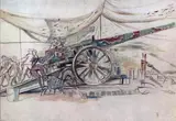 William Rothenstein, A 6-inch Naval Gun in Action at Montigny Farm