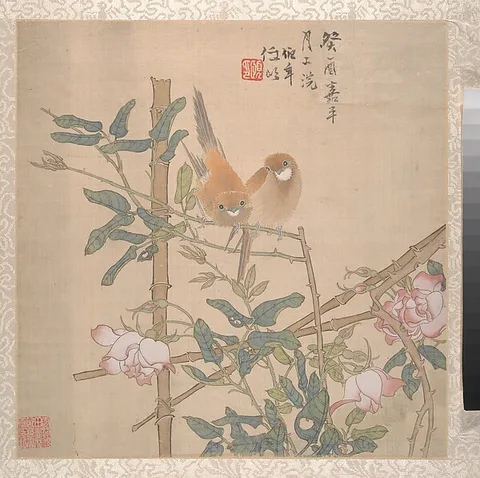 Ren Bonian, Two Birds Perched on a Flowering Rose Bush