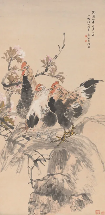 Ren Bonian, Roosters and Blossoming Apricots 雄鷄圖