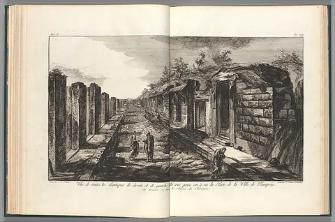 Francesco Piranesi, View opposite the entrance gate of all of the shops to the right and left of the street of the City of Pompeii, from "Antiquités de Pompeïa, tome premier, Antiquités de la Grande Grèce..." (Antiquities of Pompeii, volume one, Antiquities of Great Greece...), volume 1, plate 13