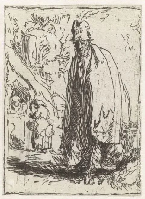 Léopold Flameng, A beggar in a tall hat and long cloak, with a cottage and two figures in the background