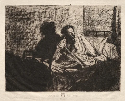 Léopold Flameng, Portrait of Meryon Sitting Up in Bed