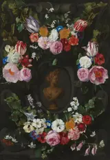 Jan Philip van Thielen, Cartouche Decorated with Swags and Sprays of Flowers