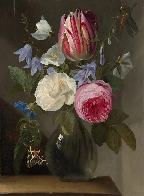 Jan Philip van Thielen, Roses and a Tulip in a Glass Vase
