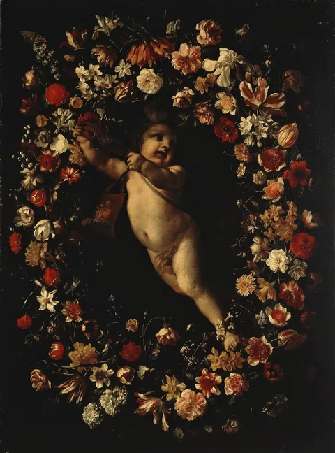 Jan Philip van Thielen, Angel Framed with a Wreath of Flowers
