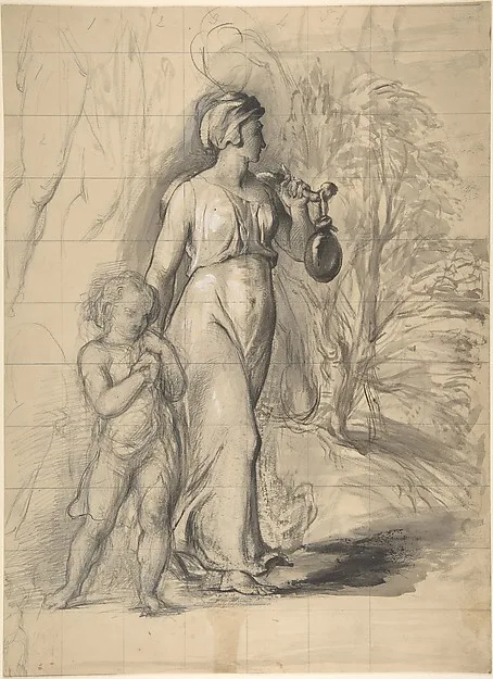 George Richmond, Hagar and Ishmael in the Wilderness (recto); Two portrait studies of the artist's wife, and a study of a leg and torso (verso)