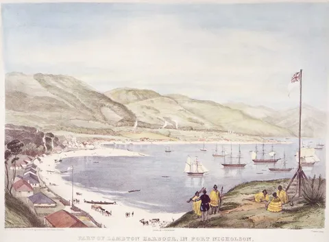 Thomas Allom, Part of Lambton Harbour, in Port Nicholson, New Zealand; comprehending about one third of the water frontage of the town of Wellington, April, 1841.