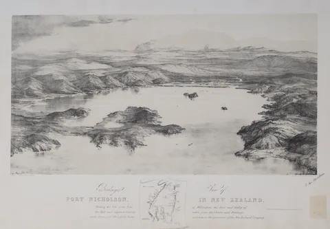 Thomas Allom, Birdseye view of Port Nicholson, in New Zealand, shewing the site of the town of Wellington, the river and valley of the Hutt and adjacent country.