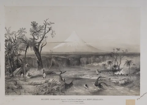 Thomas Allom, Mount Egmont, from the North Shore of Cooke’s Strait, New Zealand. Natives burning off wood for potato grounds.