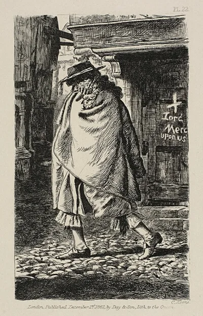 Charles Samuel Keene, A Cloaked Figure Passing Through the Street (at the Time of the Plague in London)