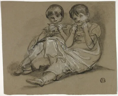 Thomas Barker, Two Girls Playing on Combs (recto); Sketch of Seated Woman with Fragment of Another Figure (verso)