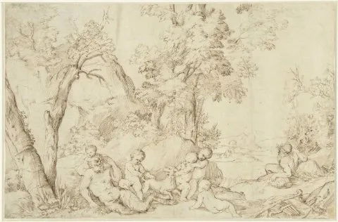Pietro Testa, Landschap met sater en putti