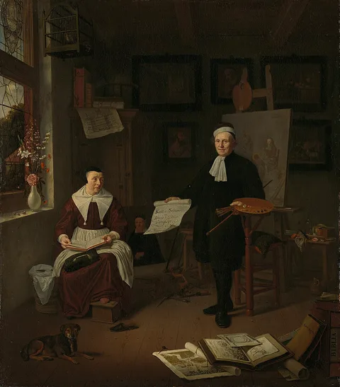 Michiel van Musscher, Portrait of Michiel Comans (d. 1687), calligrapher, etcher, painter and schoolmaster, with his third wife Elisabeth van der Mersche