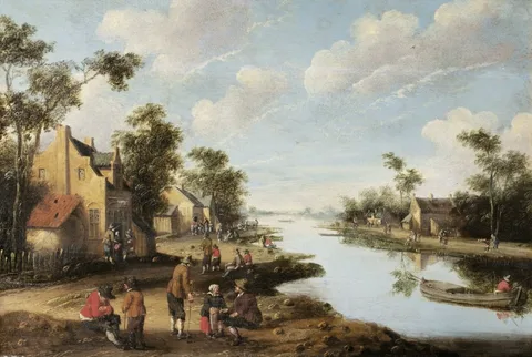 Cornelis Droochsloot, A River Landscape with Figures Resting Near an Inn