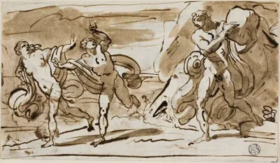 Felice Giani, Polyphemus Throwing Boulders at the Fleeing Aeis and Galatea (recto); Polyphemus Playing His Reed Pipes for Galatea (verso)